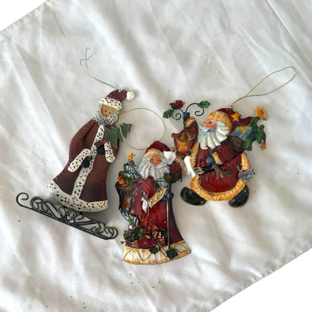 3 Rustic Metal Tin Country Santa Claus Christmas Ornaments 6'-8' EUC